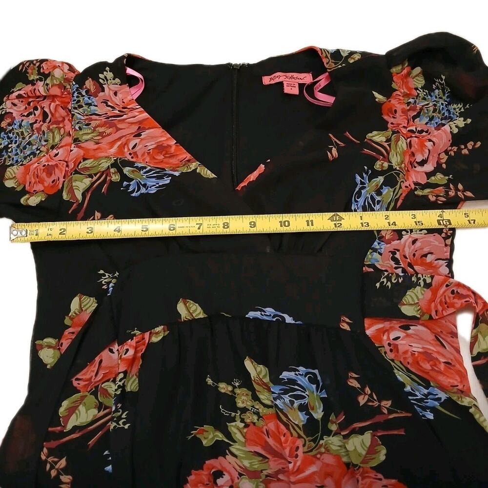 Betsy Johnson Floral Mini Dress Sz 4 Black Pink Babydoll Bell Sleeves Whimsigoth - Picture 16 of 16